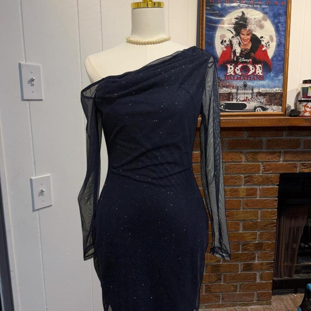 Windsor Navy blue sparkly dress sheer sleeves and one shoulder design Size Large